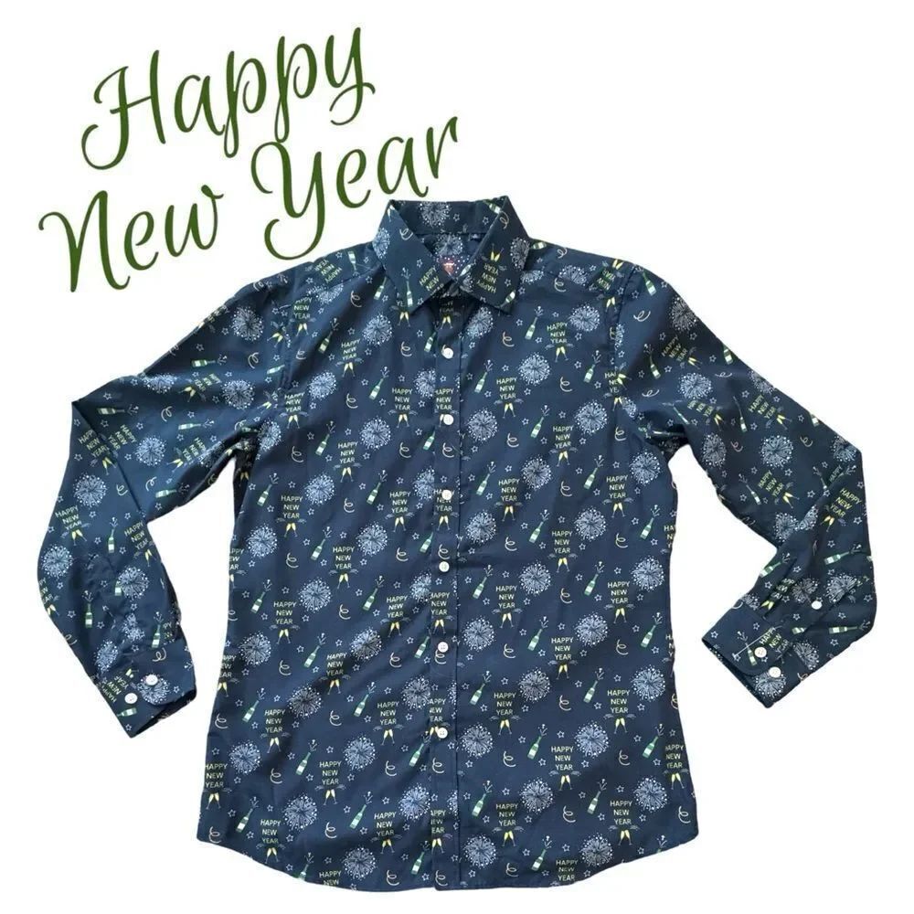 Simon Banks Happy New Year Holiday Collection Button Down Shirt Size M 15.5